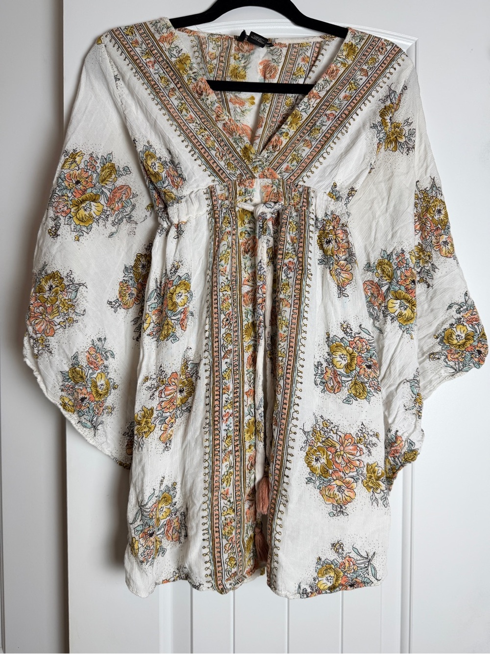 Angie White Boho Floral Tie-Front Tunic with Yellow & Pink Flowers